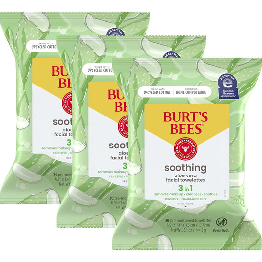 Burt's Bees Aloe Vera Face Wipes, for Sensitive Skin, Soothing Makeup Remover & Facial Cleansing Towelettes,